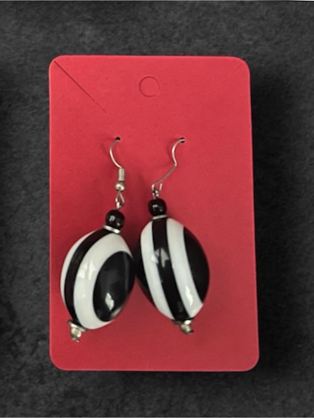 Black White Striped Enamel Dangle Earrings Oval